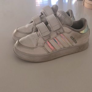 Adidas size 9toddlers with iridescent stripes